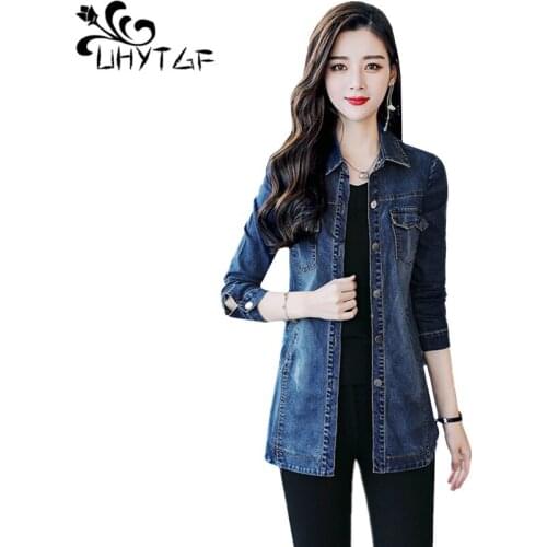 UHYTGF Spring autumn denim jacket women long sleeve casual 5XL plus size tops female Korean slim elegant womens jeans coat 1587