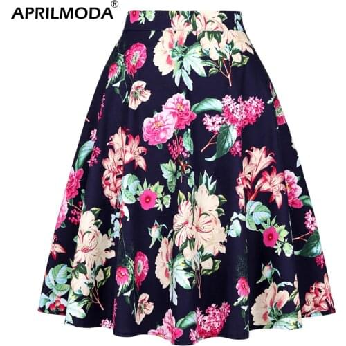 New Arrival Plus Size 50s Vintage Skirts Womens Flower Print Big Swing Pin Up High Waist Midi Skirt Pleated Tutu Saia Feminina