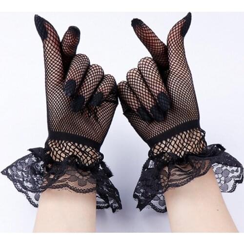 Women Black White Summer Uv-proof Driving Gloves Mesh Fishnet Gloves Lace Mittens Full Finger Girls Lace Fashion Gloves