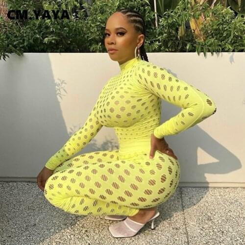CM.YAYA Activewear Hollow Out Gauze See Though Womens Set Turtleneck Legging Pants Matching Set Tracksuit Two 2Piece Set Outfit