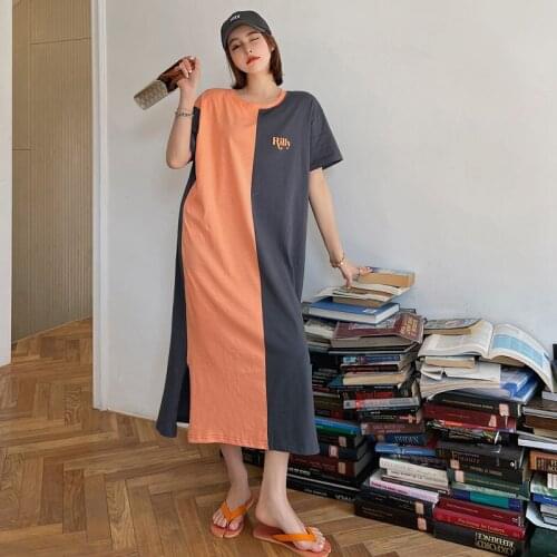 NYFS 2021 Korean New Korean Woman Dress Loose Orange Patchwork Gray Long Dress Vestidos Robe Elbise Summer Dress