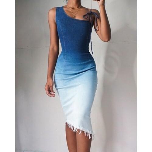 2021 Elegant High Waist Fashion Denim Tie-dye Gradient Color Matching Sleeveless Slim Temperament Denim Sexy Mini Bodycon Dress