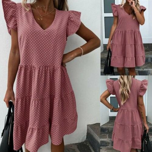 Women Summer Smock Dress Top Polka Dot Holiday Beach Casual Loose Shirt Sundress