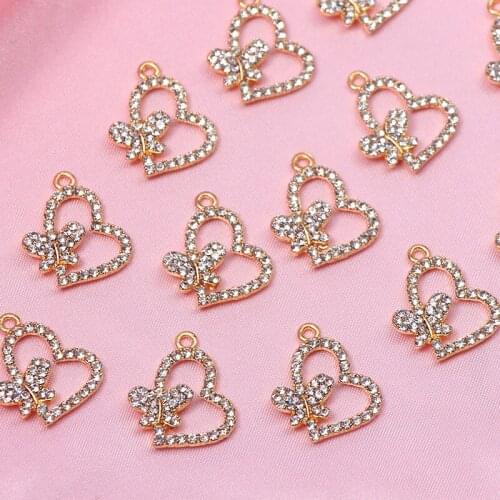 10Pcs Shiny Rhinestone Heart Charms Zinc Alloy Gold Color Butterfly Pendant Charm For Jewelry Making Accessories DIY Earrings