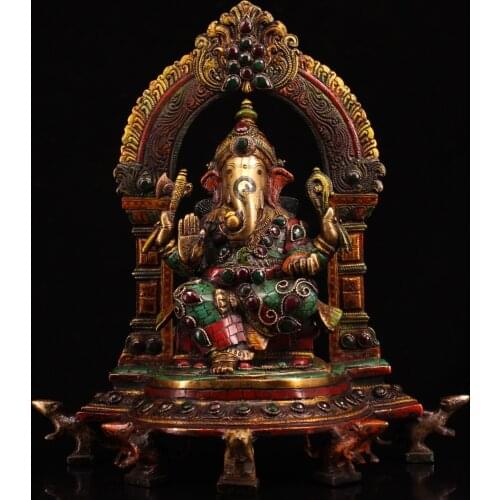 11"Tibet Buddhism Old Bronze Gem Painted outline in gold Elephant Trunk God of Wealth Buddha statue Back light Sitting Buddha