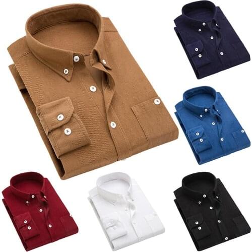 2019 winter mens corduroy slim mens long-sleeved thick shirt mens dress mens casual solid color mens shirt fleece