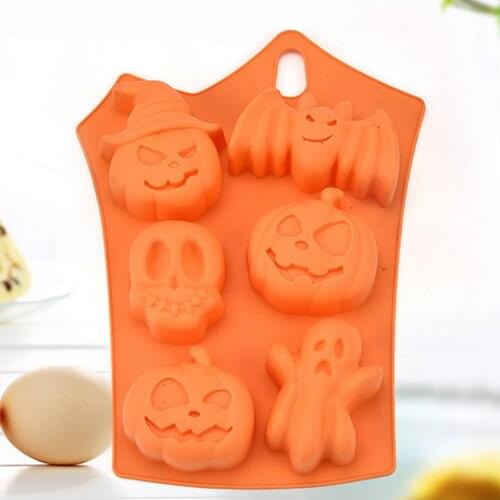 Behogar 6 Grids Pumpkin Bat Skull Ghost Shape Silicone Candy Chocolate Pudding Mold for Halloween Festivals Decoration Supplies