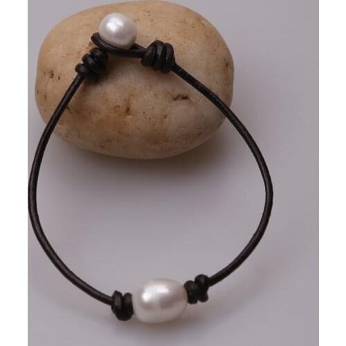 Ambrum Valentines Day Single Real Pearl Leather Bracelet,Trendy Choker Design Jewelry,One white freshwater pearls Bracelets