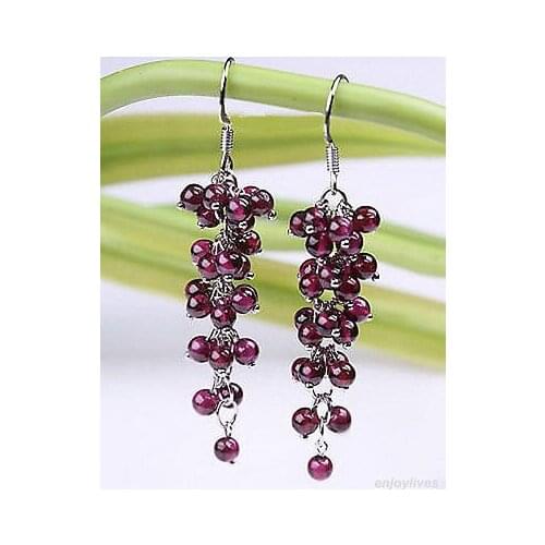 Free shipping Red Garnet Beads Cluster Grape White Plated Hook Earrings