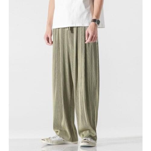 Summer Pleated Pants Mens Fashion Multicolor Casual Pants Men Streetwear Loose Hip-hop Wide-leg Pants Mens Ice Silk Trousers