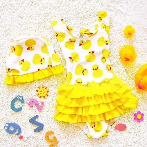Girls Ducks Pattern One-Piece Swimsuit with Swim Cap Cute Print Baby Swimwear Beachwear Kids Child Flounced Bikini Swim Clothing