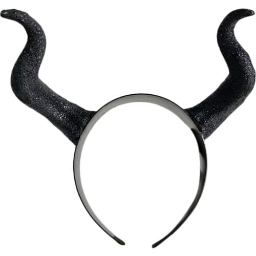 Halloween Witch Black Long Ox Horn Headband Evil Queen Cosplay Glitter Hair Hoop N58F