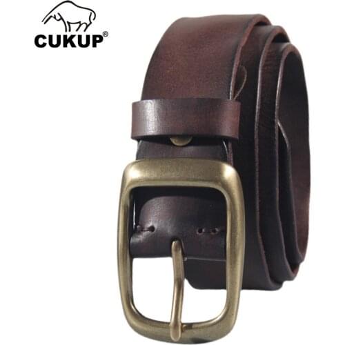 CUKUP Mens Solid Brass Pin Buckle Metal Belt Men Top Quality Cow Skin Leather Belts Casual Style Jeans Accessories Man NCK1017