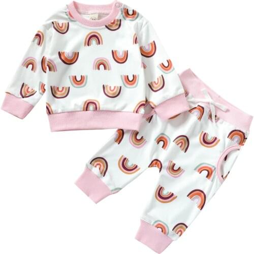 Baby Rainbow Print Clothes Set Toddler Girls Long Sleeve O-neck Pullover Top + Drawstring Waist Trousers Autumn Outfit