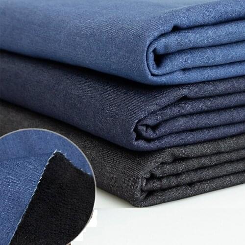Elastic Cotton Jeans Fabric With Fleece Bonded Denim Fabrics DIY Sewing Jackets Pants Warm Indigo Blue Tissu 50X145cm