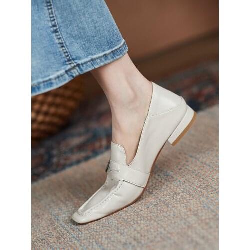 EshtonShero Spring Shoes Female British Style New Square Low Heel Casual Square Toe Loafers Genuine Leather Fashion Shoes Pumps