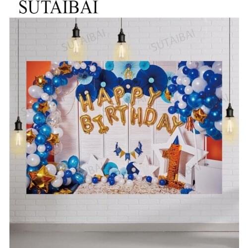 1st Birthday Backdrops for Photography Blue Balloons Flowers Stars Cake Car Photo Backgrounds Photophone for Photo Studio Props