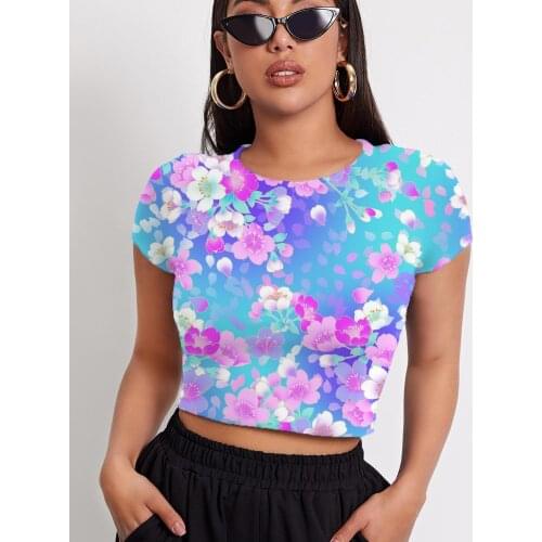 3d Tshirt Flower T-shirt Women Colorful Tshirts Casual Romantic Navel Bare Gradient Funny T shirts Womens Clothing Hip Hop Short