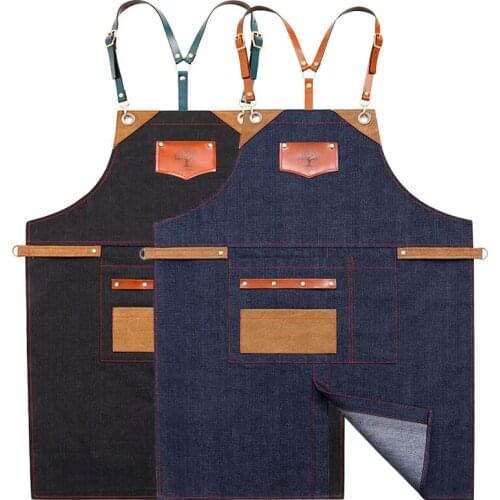 Cowboy Patchwork Denim Hairdresser Apron House Cleaning Canvas Apron Kitchen Accessories Cooking Baking Pocket Coffee Pinafore