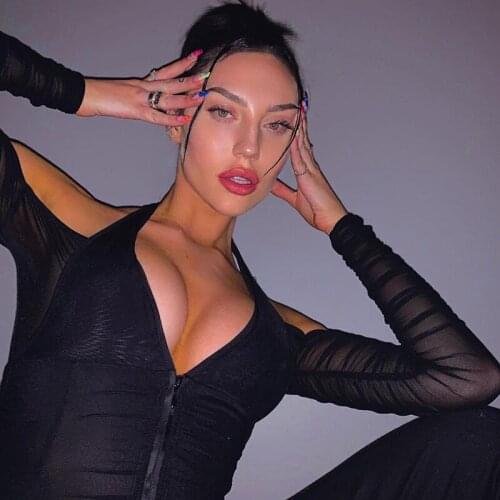 Sexy Women Strapless Halter Crop Top Mesh Fabric Long Sleeve Patchwork T-Shirt Fashion Streetwear Black White Top Tee Clothes