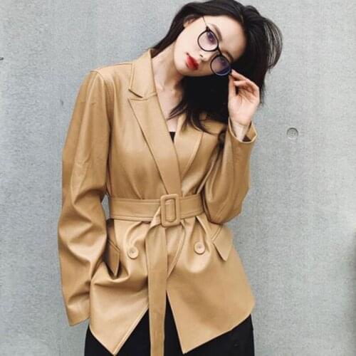 2020 New Long Sleeve PU Leather Jacket Women jacket belt