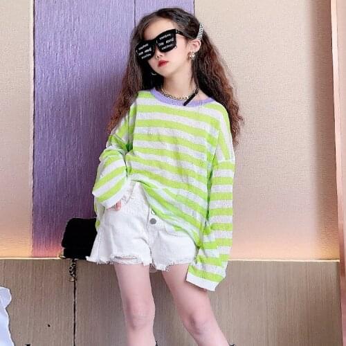 Young Girls Fashion Clothing Sets Knitted Striped Long Sleeve Sun-Protective T-Shirt+Shorts Two Pieces Summer Childrens Costume