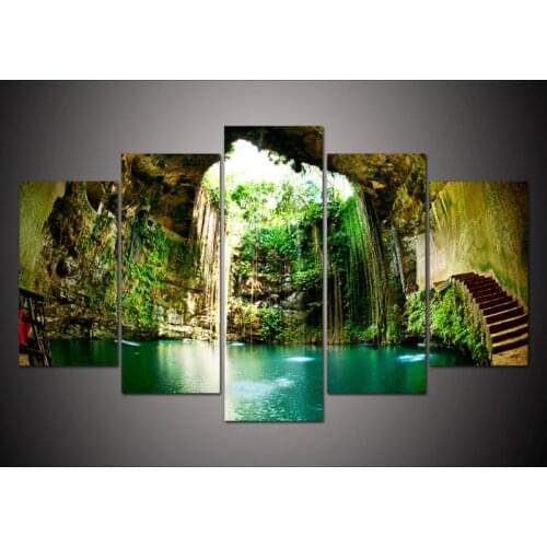 New free shipping 5 Panel Large HD Printed oil painting cave canvas print art home decor Wall art Pictures For Living room