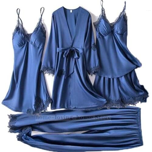 Women 5PCS Pajamas Set Sexy Sleepwear Silk Satin Robe Suit Kimono Gown Loose Spring Summer Casual Home Clothes lace Lingerie