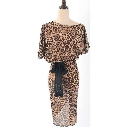 Leopard print latin dress salsa dress cha cha dress samba dress with belt latin praticewear W2016