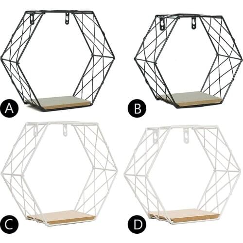 Floating Shelves Wall Mounted Rack Display Racks Hexagonal Geometric Iron Grid Wall Shelf Fashion Wall Hanging Figure Wall Deco