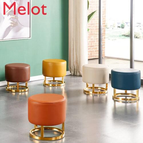 Light Luxury Leather Stool round Stool Low Stool Household Shoe Changing Stool enuine Leather a Block of Wood Or Stone Stool
