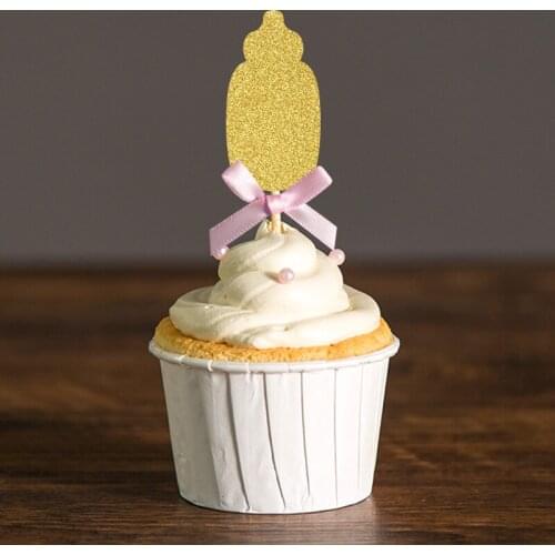 Pink Bow & Gold Glitter Baby Bottle Cupcake Toppers Picks Baby Shower for Girl 1st Birthday Party Decorations Cake Accessory