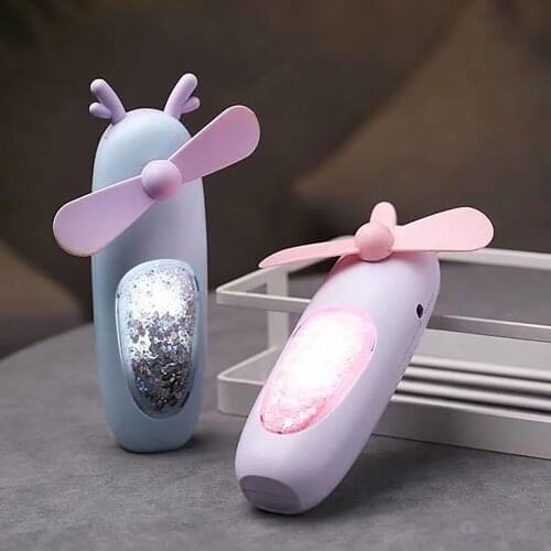 Handheld Quicksand Fan 2021 Students Childrens Day Gift Rotary Dragonfly Blade Light Cute Cartoon USB Charging Fan