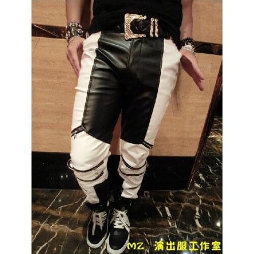 S-5xl! 2020 Free Shipping ! Mens Brand Fashion New Black And White Contrast Color Zipper Leather Pants Singer Costumes Clohitng