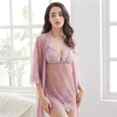 Sexy lingerie pad perspective three-piece strap dress lace sexy sleepwear hot style