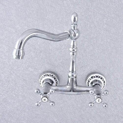 Silver Polished Chrome Brass Ceramic Base Wall Mounted Dual Cross Handles Kitchen Bathroom Vessel Sink Faucet Mixer Taps asf788
