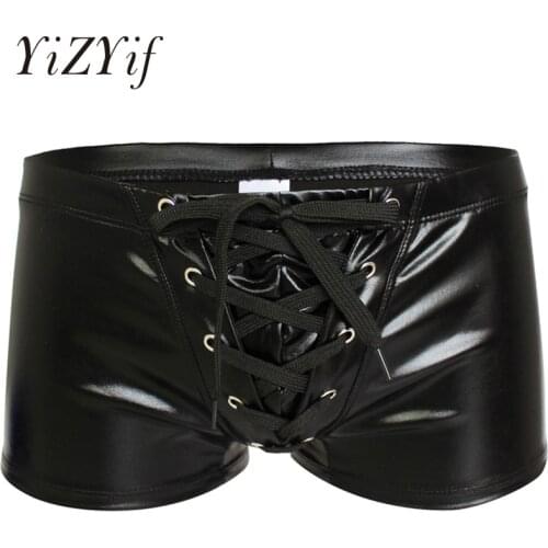 YiZYiF Sexy Men Boxer Short Fetish Underwear Panties Shiny Patent Leather Exotic Drawstring Metallic Boxer Shorts Swimwear Beach