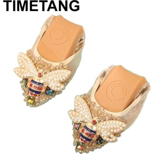 TIMETANG Plus Size Designer Crystal Woman Flat Shoes Elegant Comfortable Lady Fashion Rhinestone Women Soft Bees Shoes C289