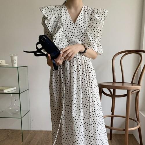 Vintage Elegant Dot Print Chiffon Dress 2021 Summer V-neck Flounced Dresses Puff Sleeve Long Beach Dress Vestidos