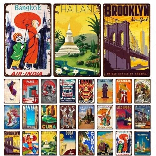 World Famous City And Cartoon Character Landscape Iron Painting Vintage Poster Metal Tin Signs Home Decor Wall Plaque Plate