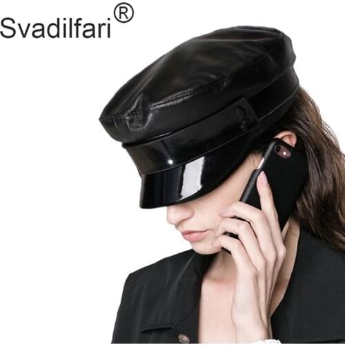 Svadilfari Women Genuine Leather Military Hat Cap 2020 New Style Girls Real Sheepskin Student School Caps Hats Free Shipping