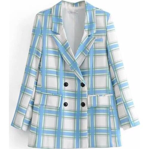 Blue Plaid Twill Blazer 2019 Women Spring-Autumn Loose Suits Ladies Notched Collar Double Breasted Blazers Girls Casual Tops Set