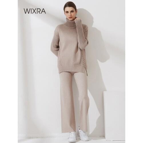 Wixra Women Thick Tracksuit Oversized Turtleneck Sweater + Drawstring Wide Leg Pants Autumn Winter Female Pullover 2 Piece Set