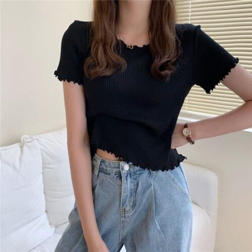 Summer Ruched Ruffle Women Sweater High Elastic Fashion Short Sleeve Sweater Woman Slim Sexy Knitted Pullovers Purple White 2021