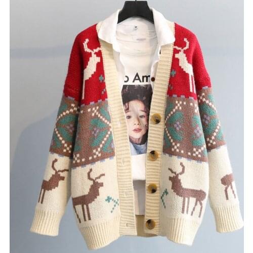 Women 's Knitted Cardigan Autumn Winter Warm V-neck Casual Cashmere Sweater for Women Christmas Print Print Button Outwear Tops