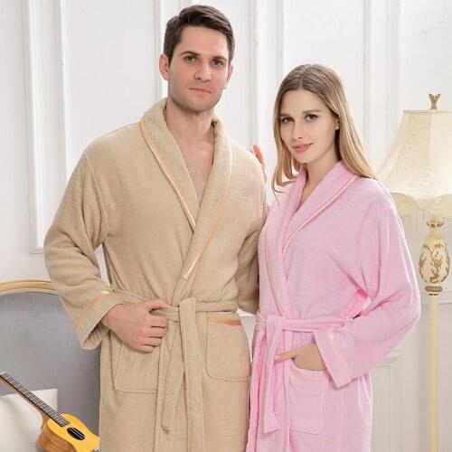 100% Cotton Women Men Towel Fleece Bathrobe Gown Lovers Couple Nightwear Winter Thicken Warm Soft Robe Gown Sleepwear