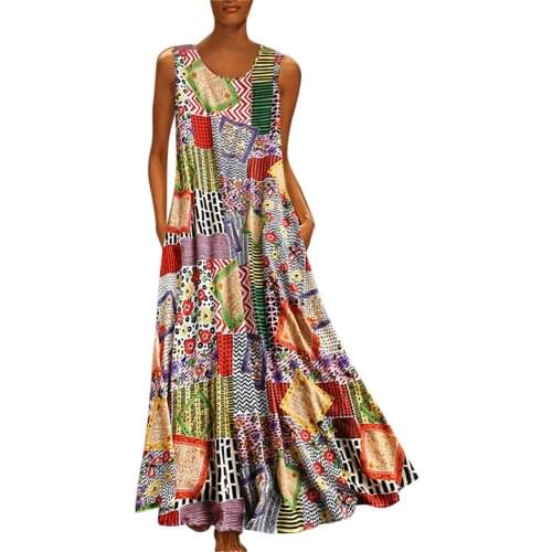 Plus Size Dresses For Women 2021 Women Vintage Print Floral Patch Dress Sleeveless O-neck Loose Maxi Beach Dress Vestidos Mujer