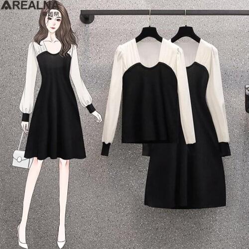 Plus size dresses for women 2021 Long Sleeve knit Square Neck autumn Black white Patchwork puff sleeve Elegant Party Dress Women