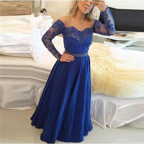 Royal Blue Long Sleeve Evening Dresses 2021 A-Line Floor Length Lace Appliques Button Back Elegant Party Prom Gown For Women