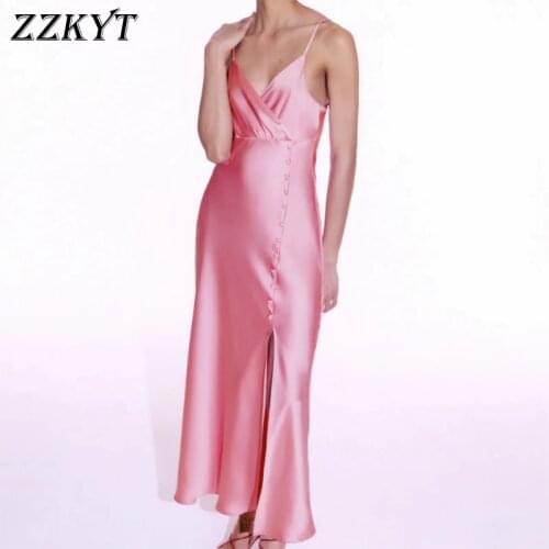ZZKYT 2021 Women Summer Fashion Solid Sleeveless Button Midi Dress Vintage V-Neck Backless Split Female Party Dresses Mujer